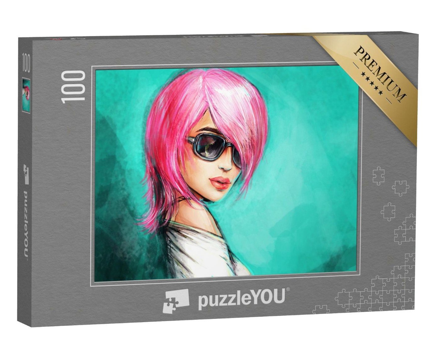 puzzleYOU Puzzle Frau mit pinkem Haar und Sonnenbrille, 100 Puzzleteile, puzzleYOU-Kollektionen Illustrationen von puzzleYOU