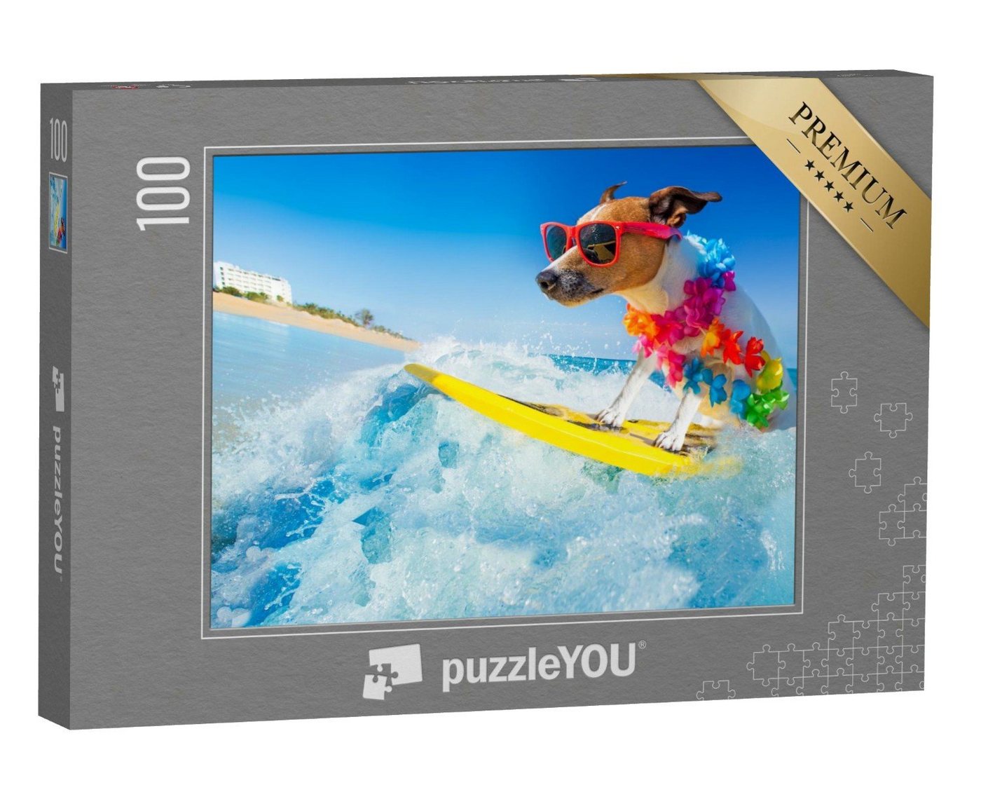 puzzleYOU Puzzle Jack Russell-Hund surft die perfekte Welle, 100 Puzzleteile, puzzleYOU-Kollektionen Sport, Surfen, Menschen von puzzleYOU