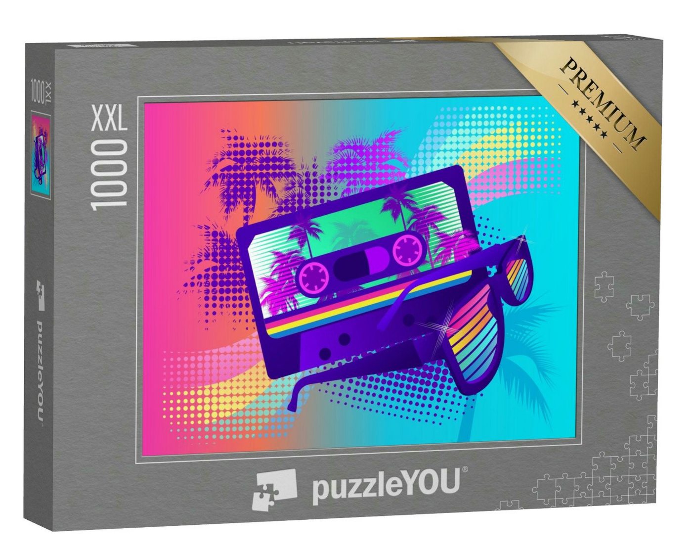 puzzleYOU Puzzle Kassette und Sonnenbrille auf Retro-Hintergrund, 1000 Puzzleteile, puzzleYOU-Kollektionen Vintage von puzzleYOU