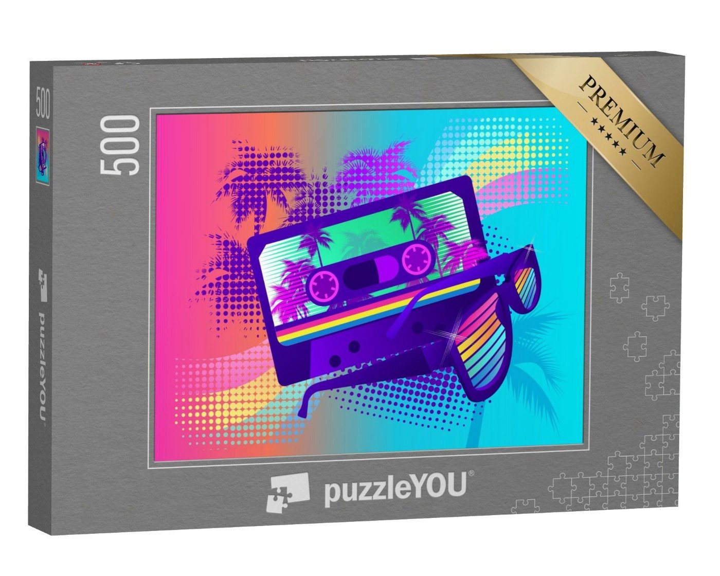 puzzleYOU Puzzle Kassette und Sonnenbrille auf Retro-Hintergrund, 500 Puzzleteile, puzzleYOU-Kollektionen Vintage von puzzleYOU