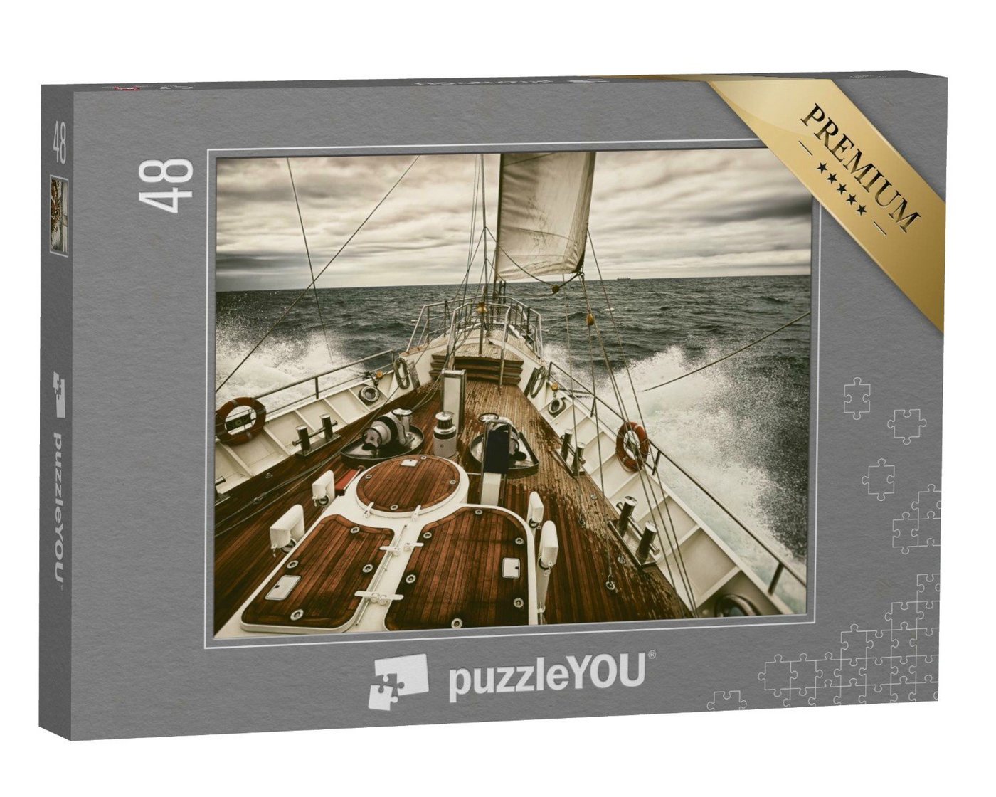 puzzleYOU Puzzle Segelyacht im Sonnenuntergang, Retro-Style, 48 Puzzleteile, puzzleYOU-Kollektionen Sport, Segelschiffe von puzzleYOU