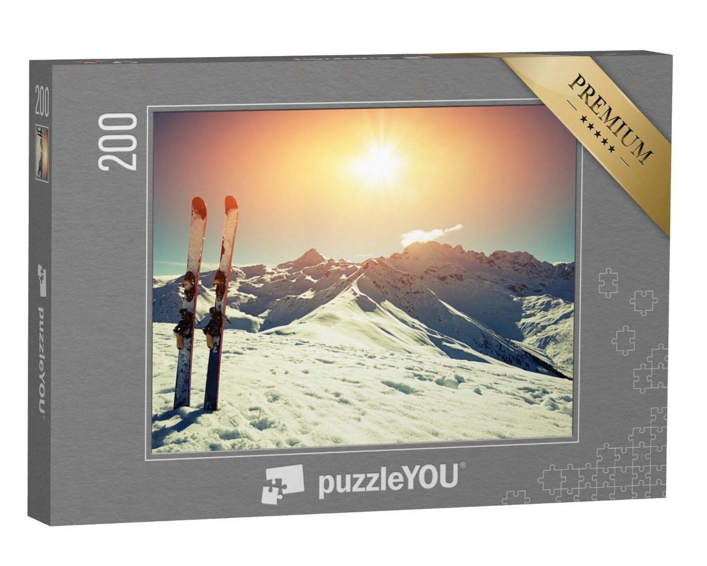 puzzleYOU Puzzle Skier im Schnee in den Bergen, 200 Puzzleteile, puzzleYOU-Kollektionen Sonne, Sport, Winter, Himmel & Jahreszeiten von puzzleYOU