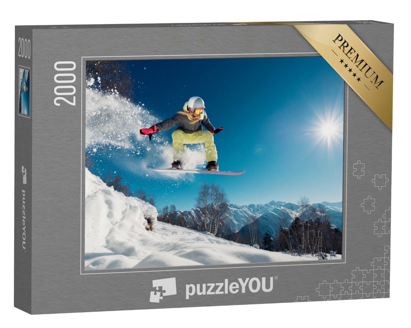 puzzleYOU Puzzle Snowboarderin beim Sprung, 2000 Puzzleteile, puzzleYOU-Kollektionen Sport, Winter, Menschen, Himmel & Jahreszeiten von puzzleYOU