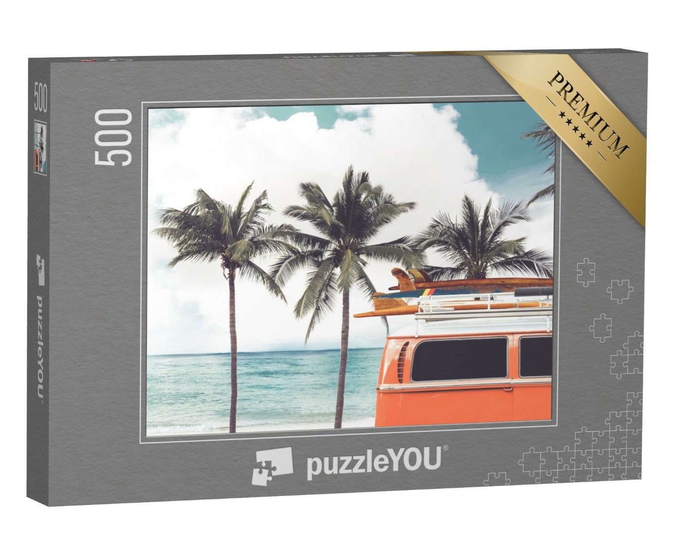 puzzleYOU Puzzle Surfausflug: Oldtimer-Bus am Palmenstrand, 500 Puzzleteile, puzzleYOU-Kollektionen Sport, Surfen, Menschen von puzzleYOU