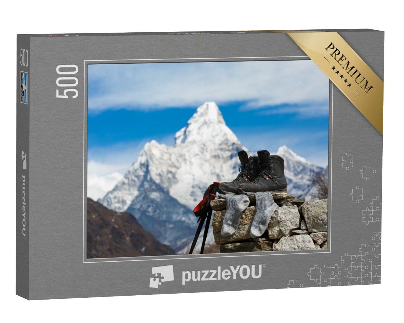 puzzleYOU Puzzle Wanderschuhe vor dem Mount Ama Dablam, Nepal, 500 Puzzleteile, puzzleYOU-Kollektionen Nepal von puzzleYOU