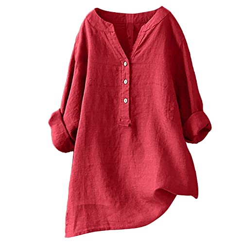 pvucpot Lange Leinenbluse Damen Bluse Oversize Langarm Shirt Baumwolle Leinen Hemdbluse Elegant Übergröße Longbluse Festliche Oberteil Einfarbig Lose Leinenoberteile Langarmshirt von pvucpot