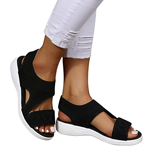 schwarze sandalen damen flach, Orthopädische Sandalen Damen Sommer Bequem Waschbare Slingback Orthopädische Slide Sport Sandalen mit Weiche Fussbett Outdoor Trekkingsandalen Casual Strick Mesh Plateau von pxjsdwe