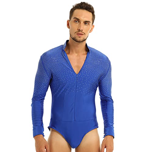 ranrann Herren Tanz Top Shirt Glitzernde Hemdbody Trikot Langarm mit V-Ausschnitt Tanzbekleidung Training Auftritt für Latein Tango Rumba Königsblau Large von ranrann