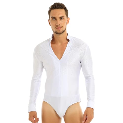 ranrann Herren Tanz Top Shirt Glitzernde Hemdbody Trikot Langarm mit V-Ausschnitt Tanzbekleidung Training Auftritt für Latein Tango Rumba Weiß Large ranrann Herren Tanz Top Shirt Glitzernde Hemdbody Trikot Langarm mit V-Ausschnitt Tanzbekleidung Training Auftritt für Latein Tango Rumba Weiß Large von ranrann