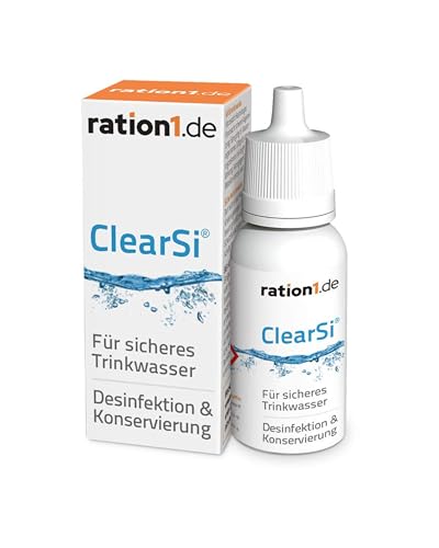 ration1 ClearSi® Wasseraufbereitung für Trinkwasser, Camping Zubehör für Wasserdesinfektion, 120L Wasser desinfizieren mit 12ml Dosierflasche, Trinkwasseraufbereitung mit 1 Tropfen auf 500ml Wasser von ration1.de