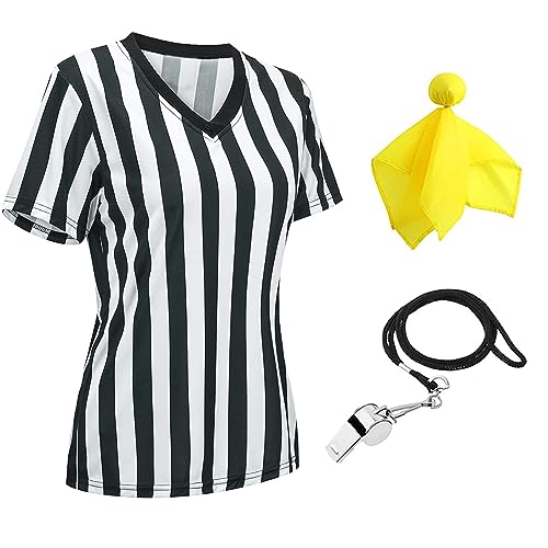 redgino Damen-Schiedsrichter-Shirt, offizielles Schwarz-Weiß-Streifen-Kostüm, klassisches Imperium-Jersey, kurzärmelig, Ref. Pfeife, gelbe Strafflagge, XL von redgino