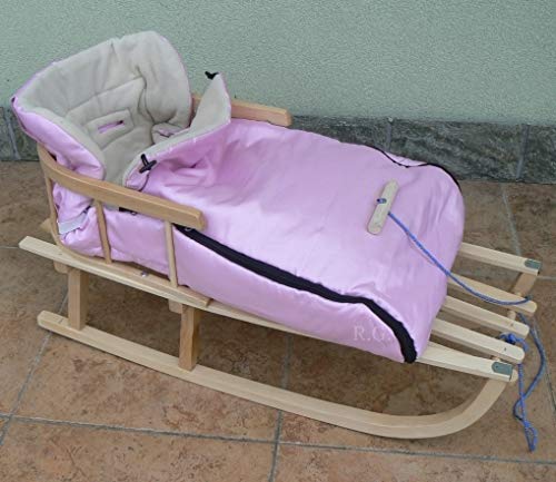 Holzschlitten mit Rückenlehne mit Winterfußsack 90cm 10 Farben Schlitten aus Holz (Rosa) von rgvertrieb