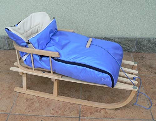 Holzschlitten mit Rückenlehne mit Winterfußsack 90cm 10 Farben Schlitten aus Holz (Blau) von rgvertrieb