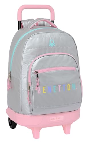 BENETTON SILVER Großer Rucksack mit Rädern, kompakt, abnehmbar, ideal für Kinder unterschiedlichen Alters, bequem und vielseitig, Qualität und Stärke, 33 x 22 x 45 cm, Silber, silber, Estándar, Casual von safta