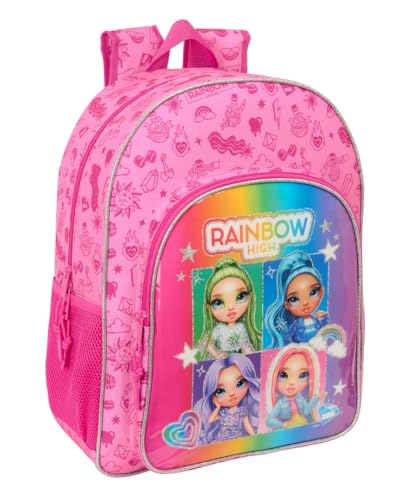 RAINBOW HIGH SHINE Schulrucksack für Kinder, Kinderrucksack, anpassbar an Kinderwagen, ideal für Kinder im Schulalter, bequem und vielseitig, Qualität und Widerstandsfähigkeit, 33 x 14 x 42 cm, bunt, von safta