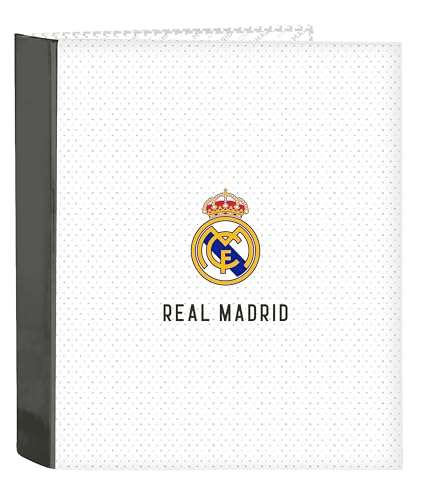 Real Madrid 1. Team 24/25 Ordner, Folio, 4 Ringe, ideal für Kinder verschiedener Altersgruppen, bequem und vielseitig, Qualität und Widerstandsfähigkeit, 27 x 6 x 33 cm, Weiß/Grau, Weiß/Grau, von safta