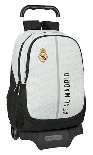 Real Madrid 1. Team 24/25 Schulrucksack mit Rollen, ideal für Kinder verschiedener Altersgruppen, bequem und vielseitig, Qualität und Widerstandsfähigkeit, 33 x 15 x 43 cm, Weiß/Grau, Weiß/Grau, von safta