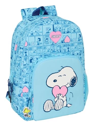 SNOOPY Love Schulrucksack, anpassbar an Kinderwagen, ideal für Kinder verschiedener Altersgruppen, bequem und vielseitig, Qualität und Widerstandsfähigkeit, hellblau, M, Casual von safta