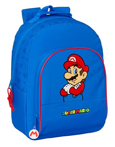 SUPER MARIO PLAY Schulrucksack, anpassbar an Trolley, Rucksack, ideal für Kinder unterschiedlichen Alters, bequem und vielseitig, Qualität und Stärke, 32 x 15 x 42 cm, Blau/Rot, blau/rot, Estándar, von safta