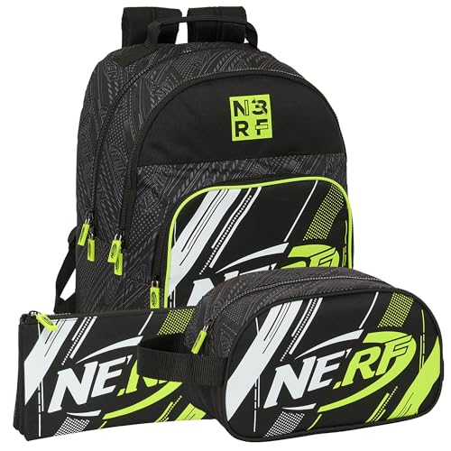 Safta | 3-teiliges Pack NERF GET READY Rucksack, Federmäppchen und Kosmetiktasche NERF - Rucksack, Federmäppchen und Kosmetiktasche Einzigartiges Design und offizielle NERF-Lizenz, bunt, ST, Klassisch von safta