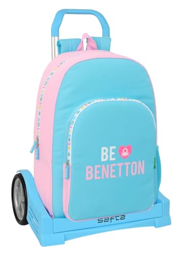 Safta BENETTON UNIQUE Schulrucksack mit Trolley Evolution, ideal für Kinder verschiedener Altersgruppen, bequem und vielseitig, Qualität und Widerstandsfähigkeit, Türkis/Hellrosa, M, Casual von safta