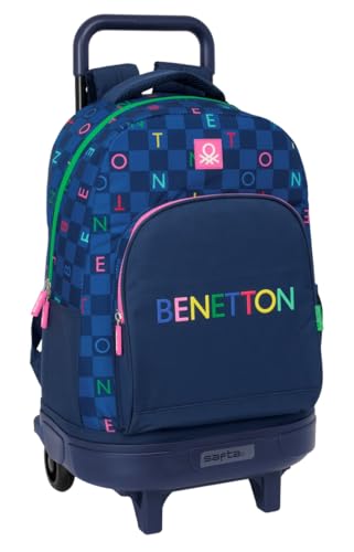 Safta Benetton Damero Großer Rucksack mit Rädern, kompakt, abnehmbar, ideal für Kinder verschiedener Altersgruppen, bequem und vielseitig, Qualität und Widerstandsfähigkeit, 33 x 22 x 45 cm, von safta