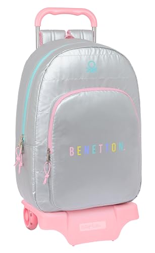 Safta Benetton Silver Großer Schulrucksack mit Trolley 905, ideal für Kinder verschiedener Altersgruppen, bequem und vielseitig, Qualität und Widerstandsfähigkeit, 32 x 13,5 x 44 cm, silberfarben, von safta