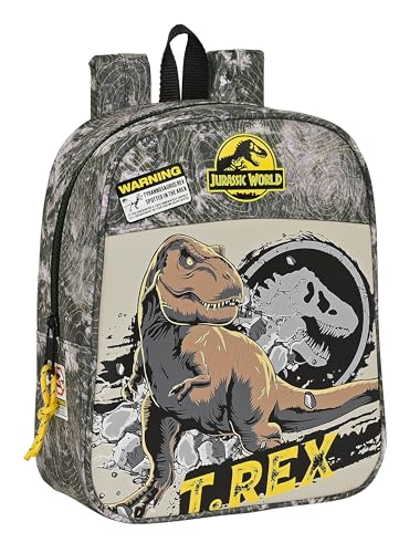 Safta JURASSIC WORLD WARNING Kinderrucksack, Kinderrucksack, Schulrucksack, anpassbar an den Kinderwagen, ideal für Kindergarten, bequem und vielseitig, Qualität und Stärke, 22 x 10 x 27 cm, Grau, von safta