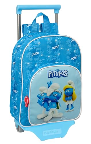 Safta LOS PITUFOS Kinderrucksack mit Trolley 705, ideal für Kinder verschiedener Altersgruppen, bequem und vielseitig, Qualität und Widerstandsfähigkeit, 26 x 11 x 34 cm, Hellblau/Blau, von safta