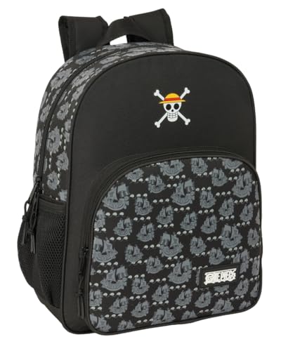 Safta One Piece Pirates Schulrucksack für Kinder, anpassbar an den Kinderwagen, ideal für Kinder im Schulalter, bequem und vielseitig, Qualität und Widerstandsfähigkeit, 32 x 12 x 38 cm, Schwarz, M, von safta