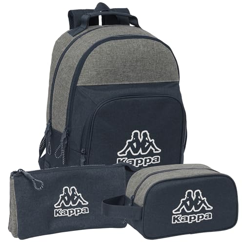 Safta | Pack KAPPA DARK NAVY Rucksack, Federmäppchen und Kulturbeutel - KAPPA Federmäppchen mit Dreifachfach, KAPPA-Rucksack, anpassbar an Trolley, KAPPA Kulturbeutel anpassbar an Trolley - Komplettes von safta