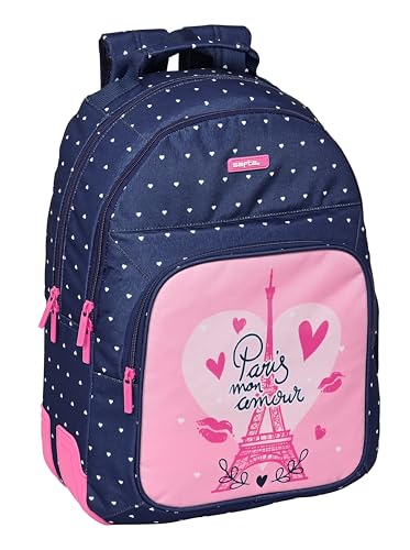 Safta Paris Schulrucksack für Kinder, ideal für Kinder verschiedener Altersgruppen, bequem und vielseitig, Qualität und Widerstandsfähigkeit, 32 x 15 x 42 cm, Marineblau/Rosa, Marineblau/Rosa, von safta