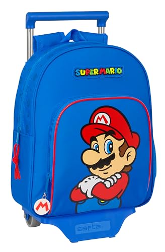 Safta Super Mario Play Kinderrucksack mit Trolley 705, ideal für Kinder unterschiedlichen Alters, bequem und vielseitig, Qualität und Widerstandsfähigkeit, 28 x 10 x 34 cm, Blau/Rot, blau/rot, von safta