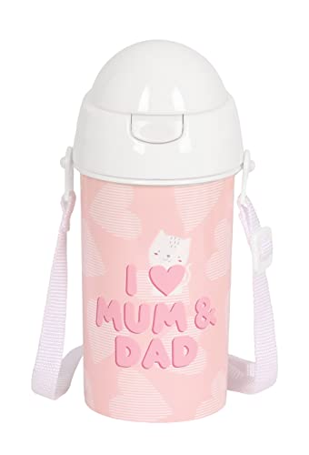 Safta Vorschule Love - automatische Öffnungsflasche mit Strohhalm, Wasserflasche, BPA-frei, mit Schulterriemen, bequem und leicht, 500 ml, 7,3 x 19,5 cm, Rosa, Rosa, Estándar, Casual von safta