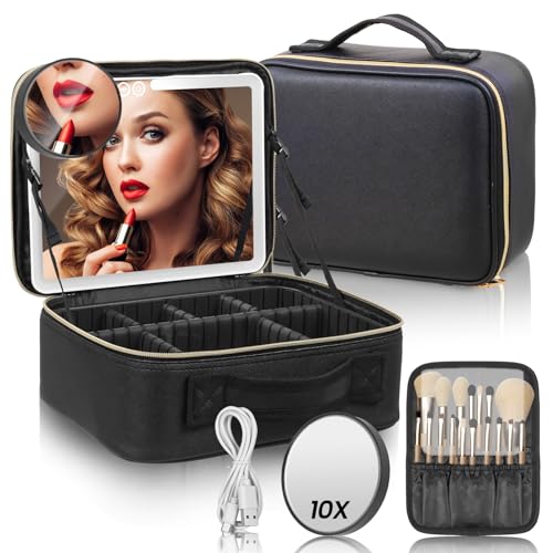 Make-up-Tasche mit LED-Spiegel, 3 Farbmodi, Reise-Make-up-Tasche, Kosmetik-Organizer mit Fächern und 10-facher Vergrößerung, große Make-up-Organizer-Tasche für Damen, Geschenk, Schwarz, Einfach von sanheshun