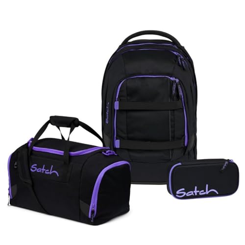 satch Pack Schulrucksack Set 3tlg. inkl. Schlamperbox und Sporttasche (Purple Phantom) von satch