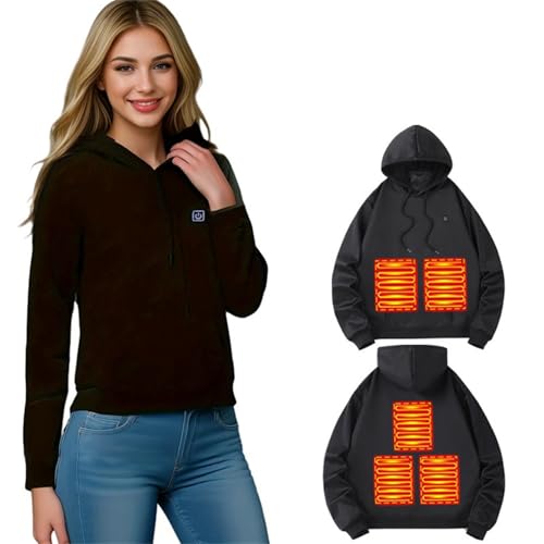 scosao Beheizbare Hoodie für Damen Elektrische Beheizte Jacke Kapuzenpullover, USB Beheizbare Pullover Sweatshirt mit Kapuze 3 Temperaturstufen 5 Heizzonen Maschinenwäsche,Black,4XL von scosao