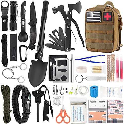 scosao Survival Kit 157Pcs Außen Notfall Ausrüstung Survival Set Outdoor Militär Erste-Hilfe-Kit Mehrzweck-Überlebenskit mit Molle-Beutel, für Herren, Camping Abenteuer/Wandern/Jagden,Brown von scosao