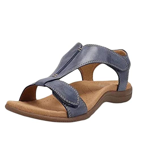 seiveini Damen Flache Strandsandalen Sommer mit Weiche Fußbett Klettverschluss Sandalen Vintage Leicht Freizeit Schuhe Frauen Sandalen Casual Sandalette Bequeme A Blau 35 EU von seiveini