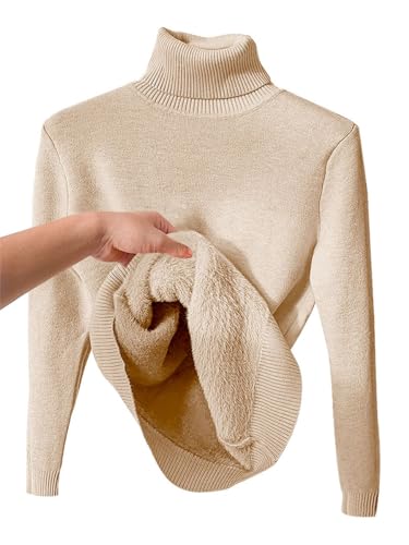 seiveini Thermo-Unterhemd Damen Gefüttert Plüsch Strickpullover Langarm Winter Pullover Thermounterwäsche Langarmshirt mit Rollkragen Thermo Hemd Frauen Base Layer Pulli Sweater A Beige XL von seiveini