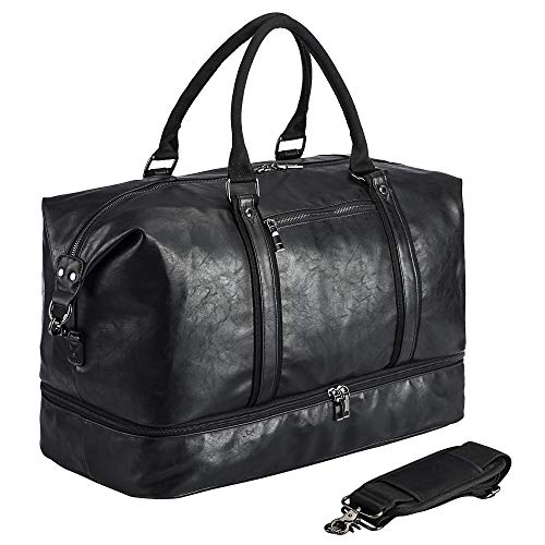 Leder-Reisetasche mit Schuhbeutel, Wochenendtasche, Übernachtungstasche, wasserdicht, PU-Leder, große Handgepäcktasche, Reisetasche, Seesack für Damen und Herren, A3-schwarz, Color, Klassisch von seyfocnia