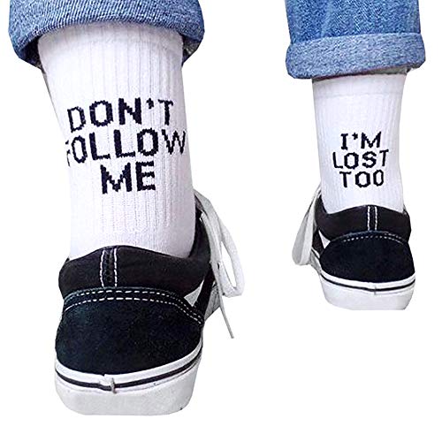 shenruifa Lustige Socken, Buchstaben-Schwarz-Weiß-Freizeitsocken, Don't Follow Me I'm Lost Too Socken, Buchstaben-gestickte Socken für Damen und Herren, Hip-Hop-Streetwear (Weiß) von shenruifa