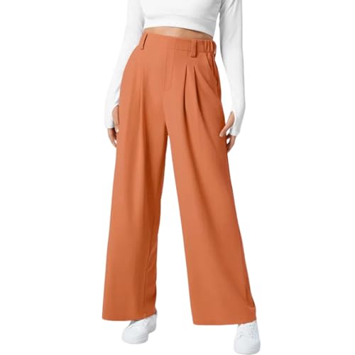 Freizeithose Mit Hoher Taille, Gefalteten Seitentaschen Und Weitem Bein, Loungehose Mit Hoher Taille Und Weitem Bein, Fließende Palazzohose, Elastische Palazzohose Mit Hoher Taille (Orange,2XL) von shenyoukong