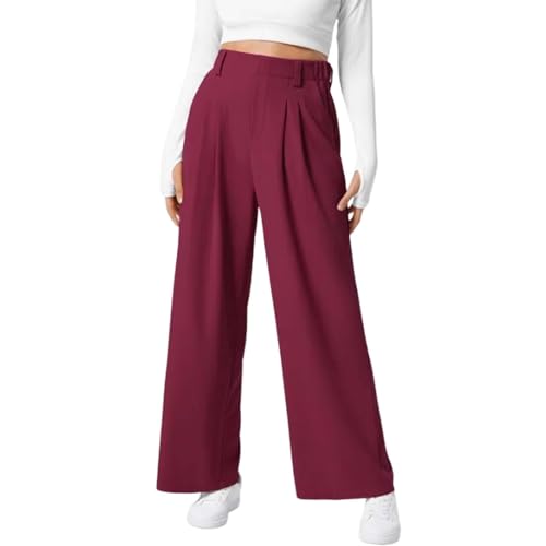 Freizeithose Mit Hoher Taille, Gefalteten Seitentaschen Und Weitem Bein, Loungehose Mit Hoher Taille Und Weitem Bein, Fließende Palazzohose, Elastische Palazzohose Mit Hoher Taille (Rot,S) von shenyoukong