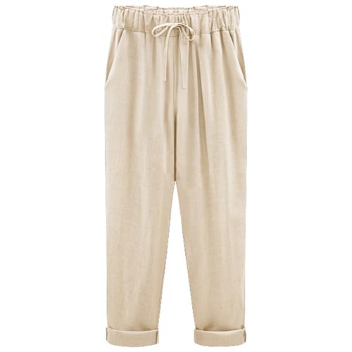 Lockere, Verkürzte Hose In Übergröße Mit Elastischem Bund Und Einfarbigem Muster, Gerade Geschnittene Hose Für Damen, Lässige Caprihose Für Damen, Lockere Palazzo-Hose Mit Kordelzug (Beige,M) von shenyoukong