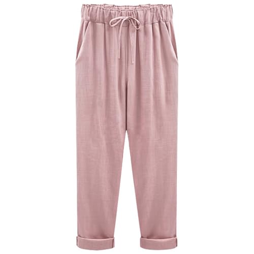 Lockere, Verkürzte Hose In Übergröße Mit Elastischem Bund Und Einfarbigem Muster, Gerade Geschnittene Hose Für Damen, Lässige Caprihose Für Damen, Lockere Palazzo-Hose Mit Kordelzug (Rosa,4XL) von shenyoukong