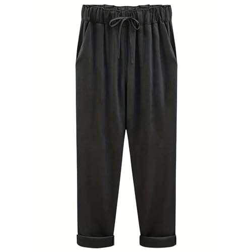 Lockere, Verkürzte Hose In Übergröße Mit Elastischem Bund Und Einfarbigem Muster, Gerade Geschnittene Hose Für Damen, Lässige Caprihose Für Damen, Lockere Palazzo-Hose Mit Kordelzug (Schwarz,5XL) von shenyoukong