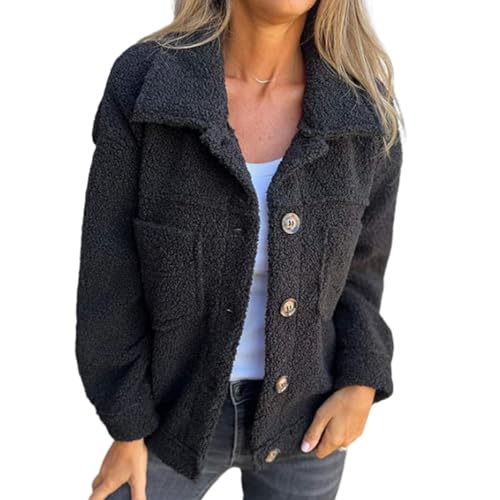 Warme Kurze Jacke Mit Revers Für Damen, Flauschiger Kunstpelz-Fleece-Jackenmantel Mit Revers, Sherpa-Fleece-Jacke Mit Knopfleiste, Warme, Flauschige Oberbekleidung Mit Revers. (Schwarz,2XL) von shenyoukong