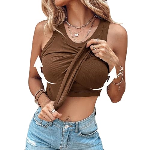 Zeni Geripptes Tanktop Mit Integriertem BH, Chic-Me Geripptes Tanktop Mit Rundhalsausschnitt Und BH-Polstern, Chicme Tanktop Mit BH, Tanktop Mit Rundhalsausschnitt Und Polstern (XL,Dunkelbraun) von shenyoukong