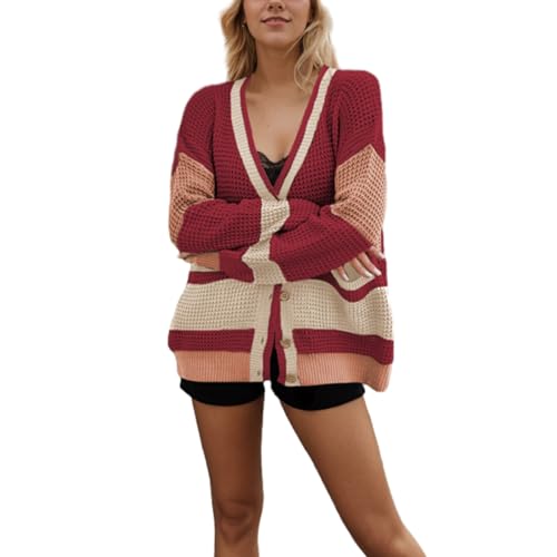 shenyoukong Bunter Strick-Cardigan Für Damen, Cardigan-Pullover Mit Farbblockdesign Für Damen, Cardigan Mit Knopfleiste Vorne Und Taschen (L,Rot) von shenyoukong